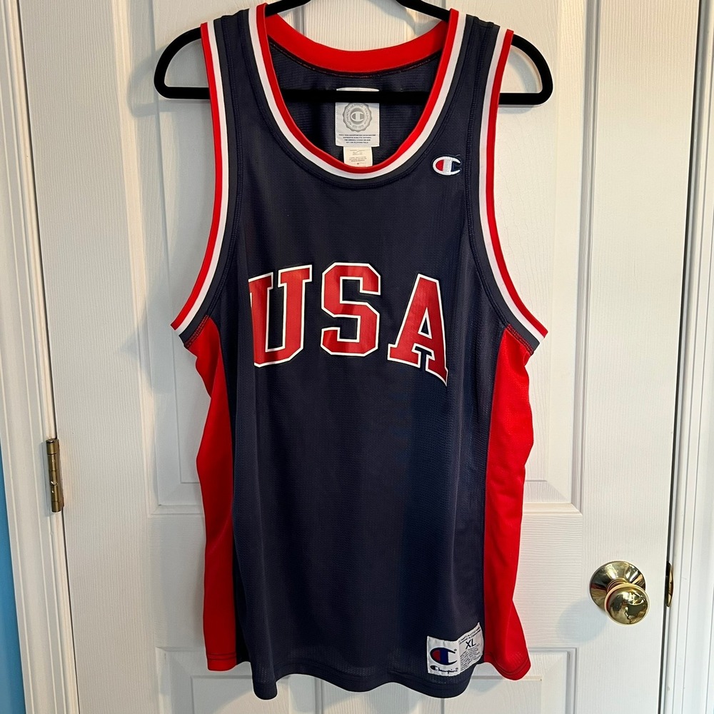 VTG Champion USA Basketball Jersey Mens XL Navy Blue Red White Mesh Tank Top #9
